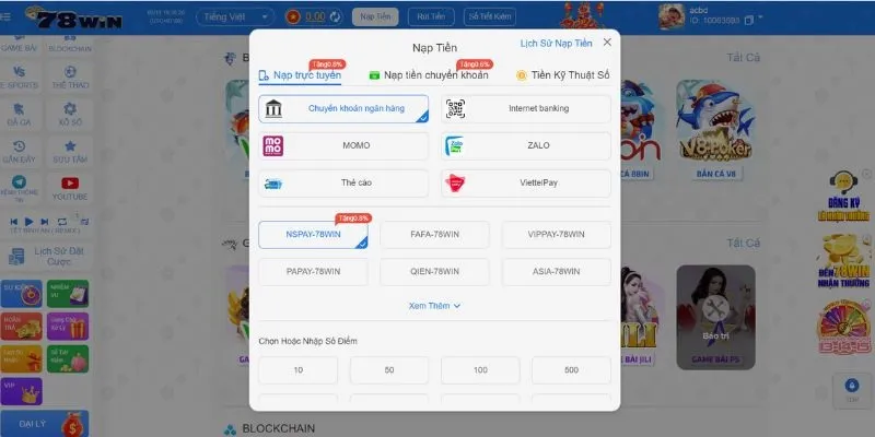 Nạp tiền 78win trực tuyến qua thẻ bank